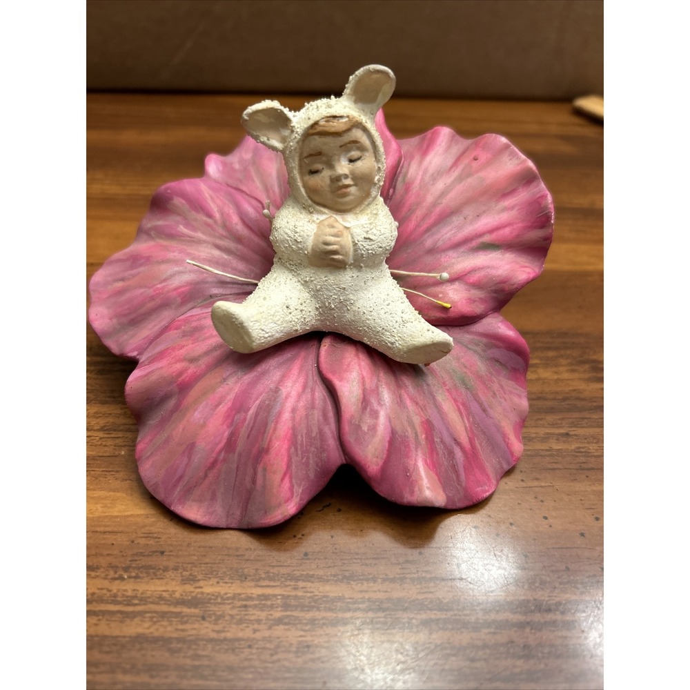 Vintage Hand Painted Bunny Baby Sitting On Flower Folk Art